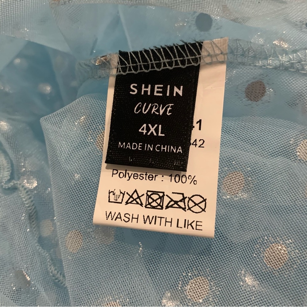 Baby Blue Mesh Crop Top with Silver Metallic Polkadots and Lettuce Trim Hem NWOT - Picture 11 of 12